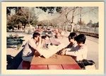 Vtg Color Snapshot Man With Binoculars & Two Women At Park Picnic Table 1960S. Fixed Price $7.99.