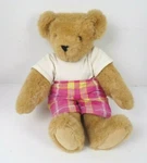 Vtg 1991 Authentic Tan Brown Vermont Teddy Bear Co 16" Plaid Shorts White Shirt. Fixed Price $25.00.