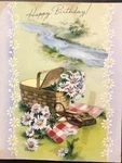 Vtg Birthday Card Pretty Picnic Scene Stream Basket Flowers Binoculars. Fixed Price $5.00.