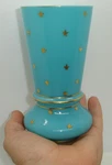 Antique 1880 French Blue Opaline Glass Bud Vase Gold Stars Pv Portieux Turquoise. Fixed Price $195.00.