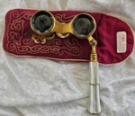 Vintage Lemaire Paris Mother Of Pearl Opera Glasses Handle & Embroidered Pouch. Fixed Price $225.00.