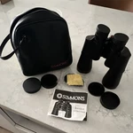 Simmons Black Binoculars With Case, Lens Caps, Cleaning Cloth, Model #1107. Fixed Price $19.99.